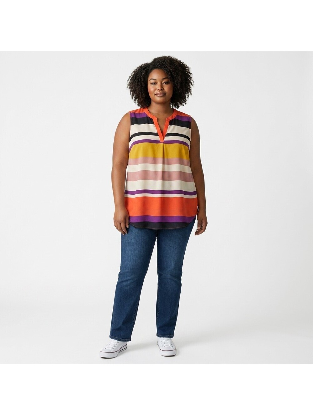 Liz Claiborne Blouse Women 1X Plus White Striped V-Neck Sleeveless Wide Strap